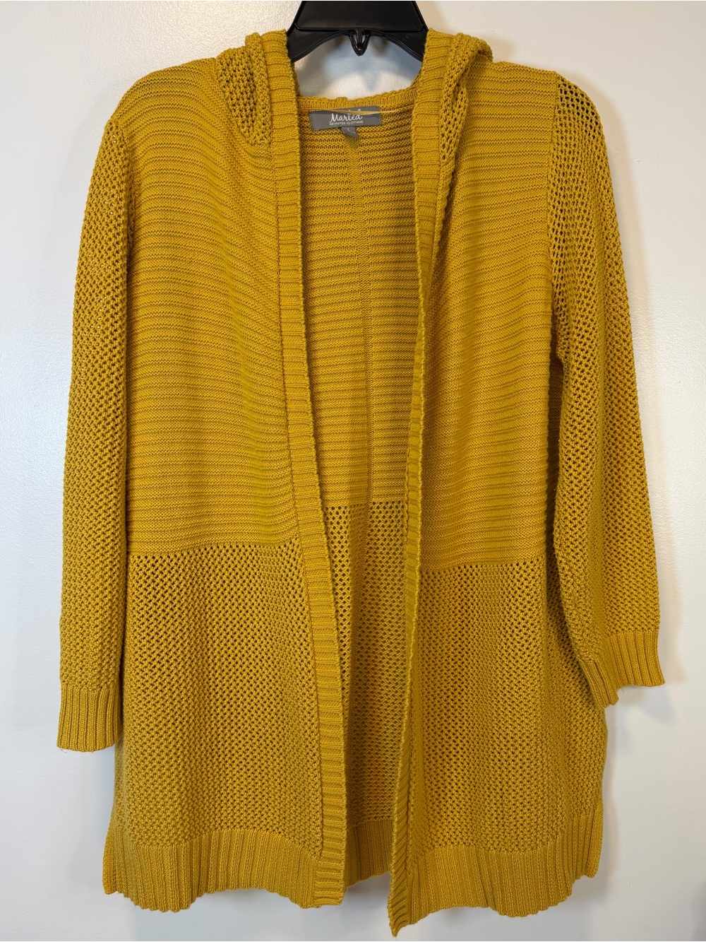 Marled Reunited Clothing Open-Front Hooded‎ Knit Cardigan Mustard Women’s Large